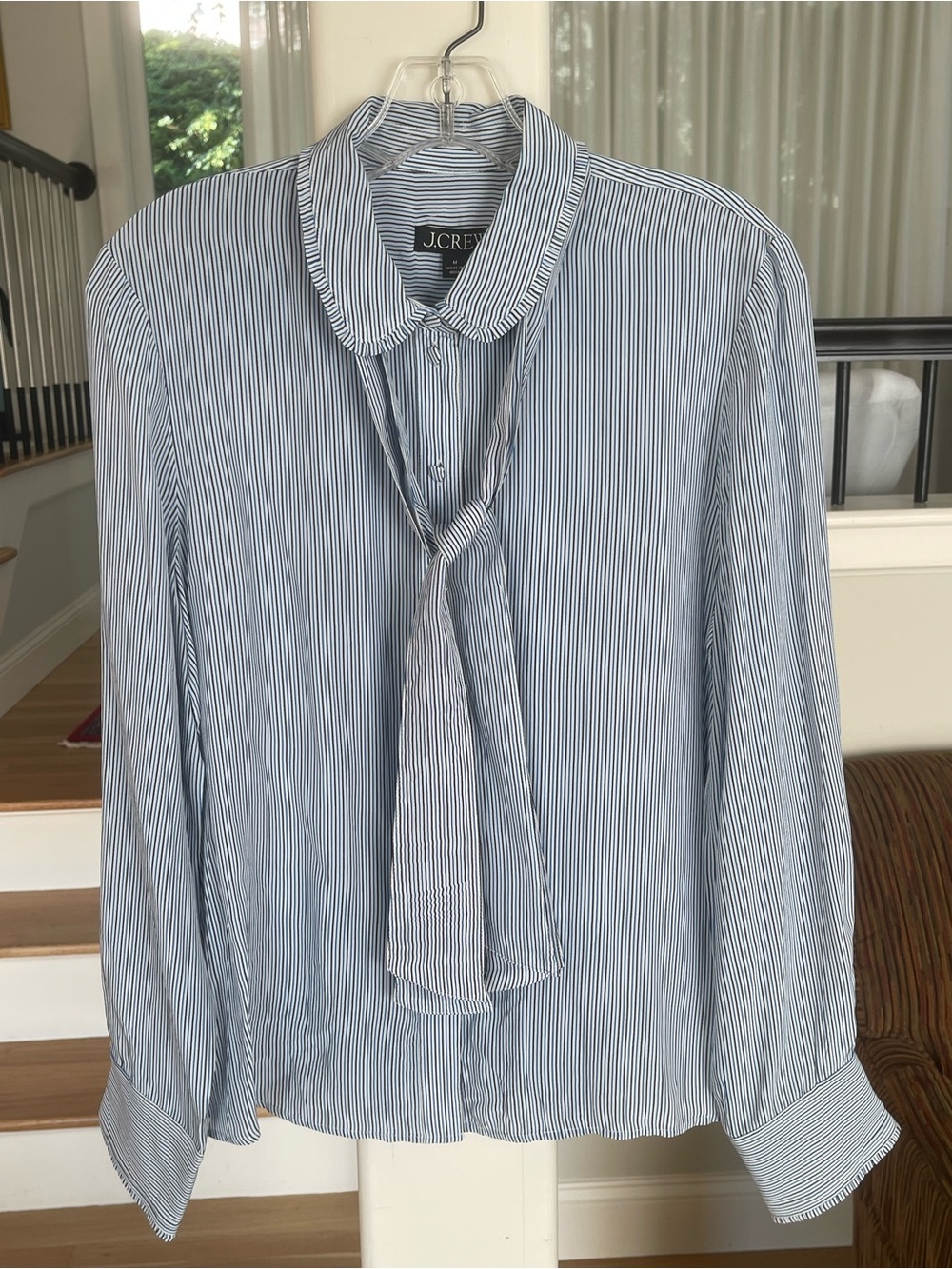 NWT J. Crew Women’s white w/ Cobalt Blue & Black Stripe Ruffled Button-Up Blouse